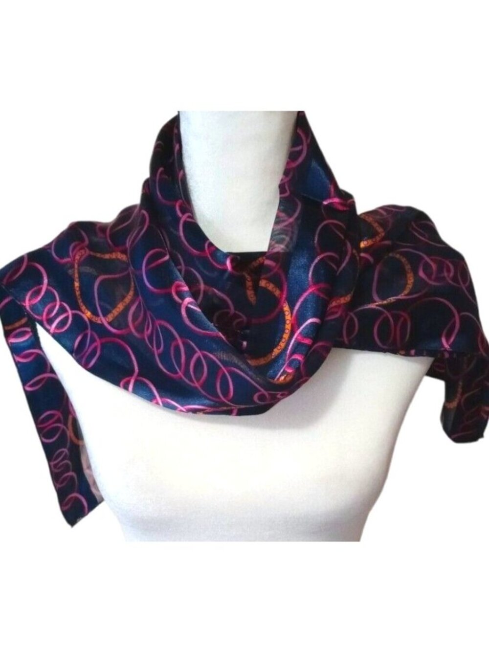 Blue Scarf Wrap 60" Chiffon Satin Semi Sheer Interlocking Circles